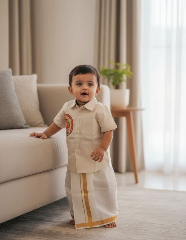 Kids Shirt and Mundu Cream with print